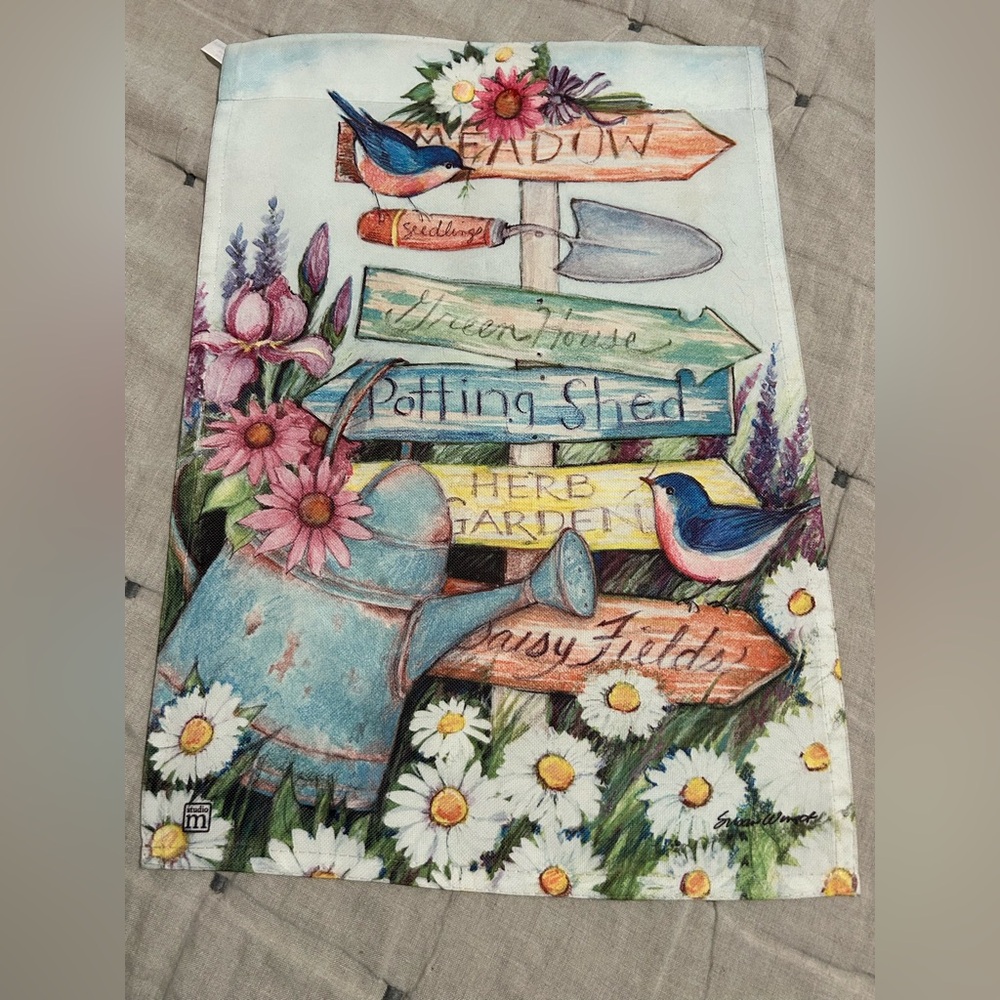 Studio m Spring Garden Flag signs potting shed herb garden blue bird flowers